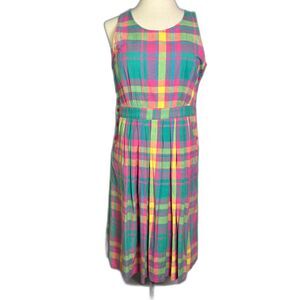 Carmel Vintage 90s, Sz S, Madras Bright Plaid Multicolor Dress, Pleated Pockets